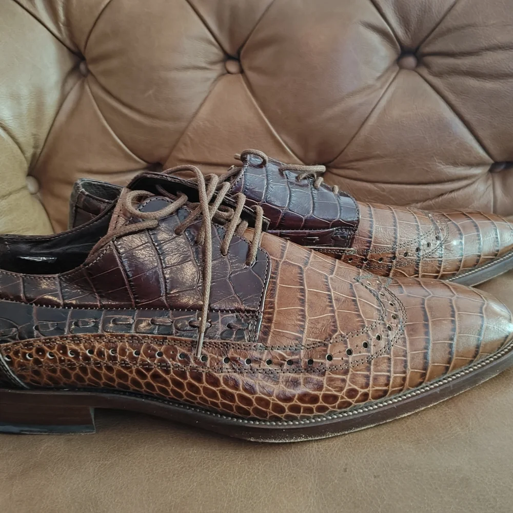 Stylish Two-Tone Brown Crocodile Men's Brogues. 43.5 (10.5) Silvio Belli. Welted - Picture 3 of 8